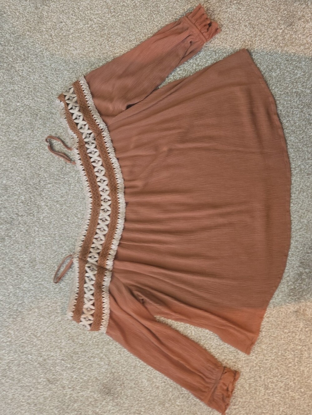 Maurices Rust Brown Off-Shoulder Tunic with Cream Crochet Trim